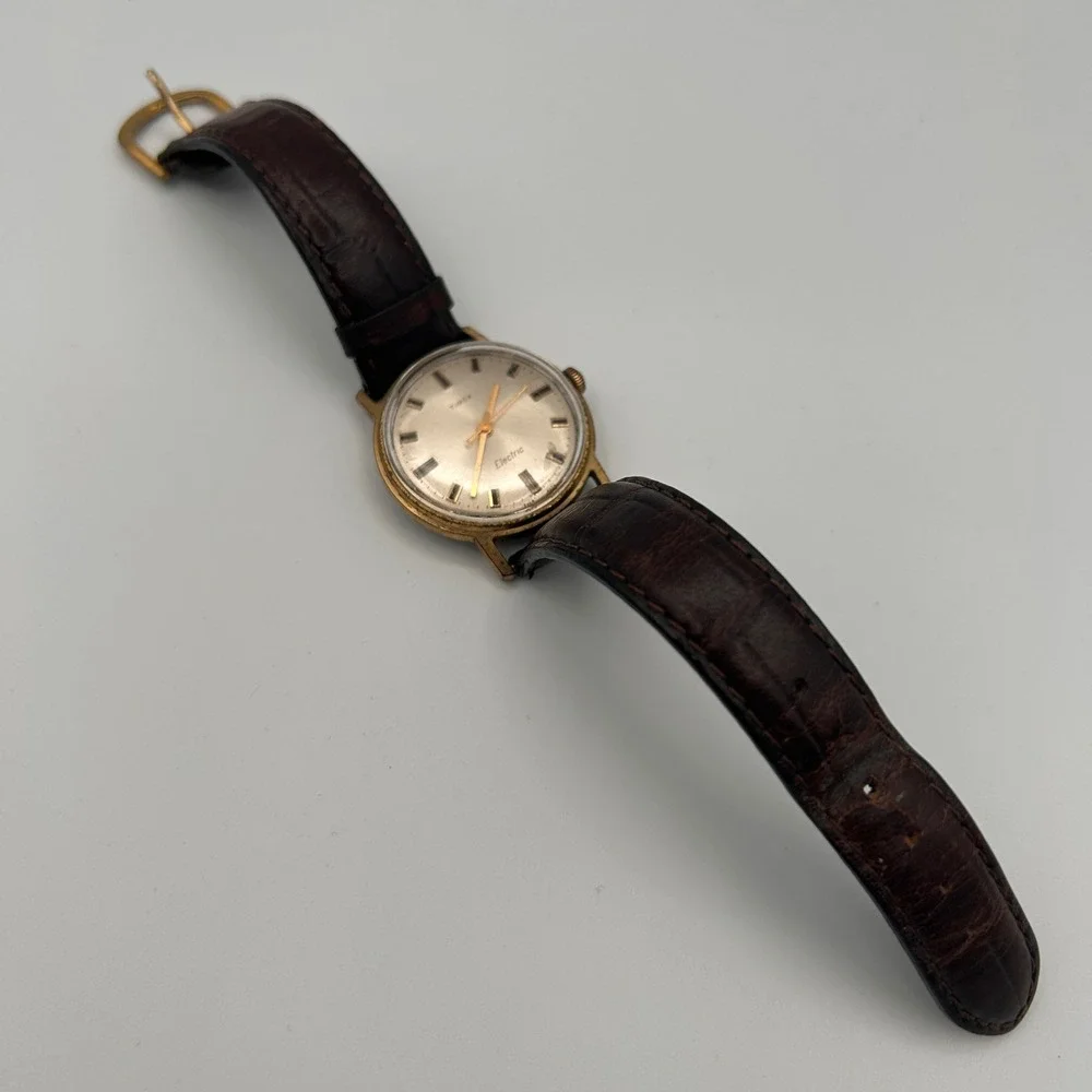 Vtg Timex Electric Mens Watch Gold Tone Champagne Dial Brown Leather FOR REPAIR